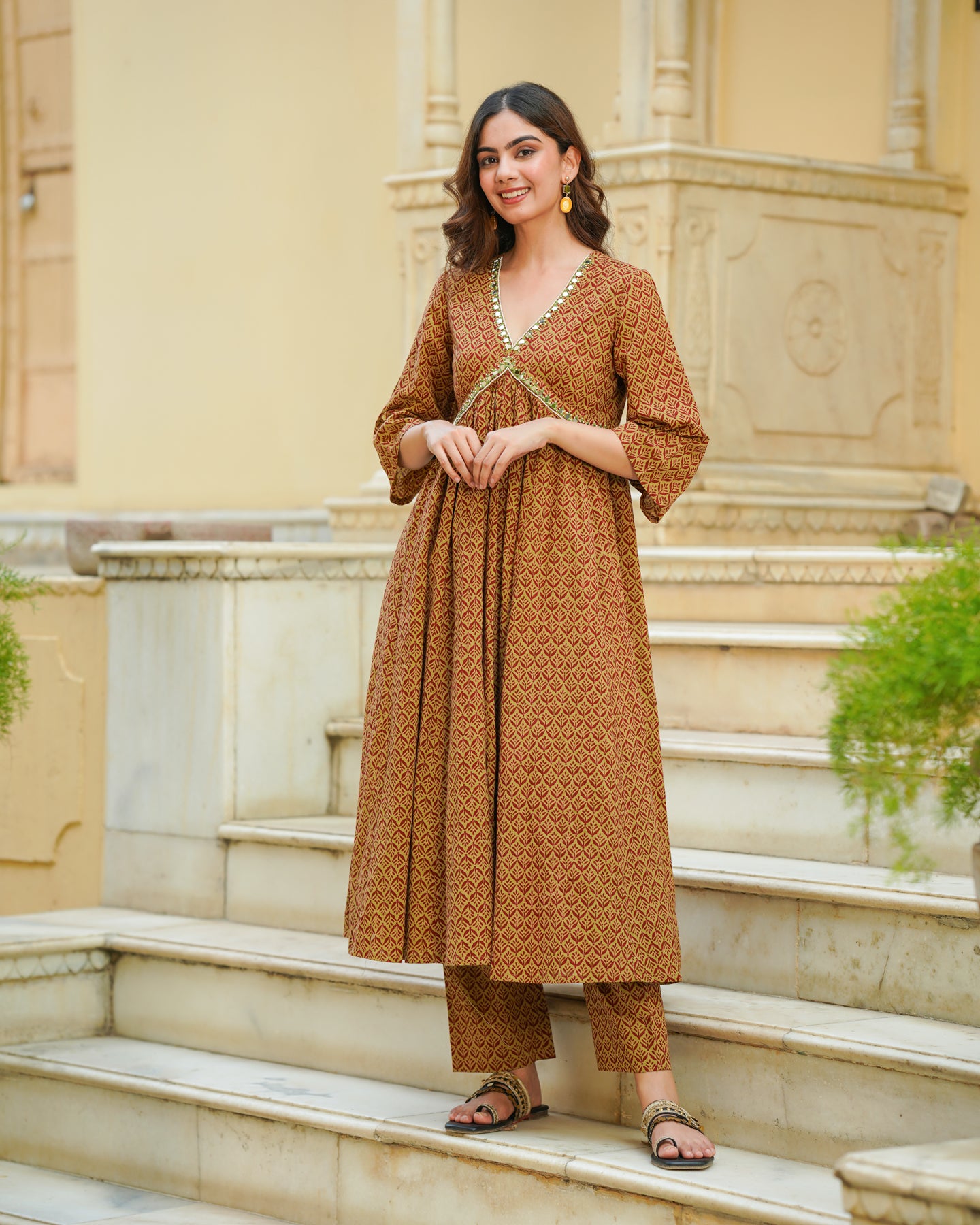 Maroon Handblock Printed Kurta Set