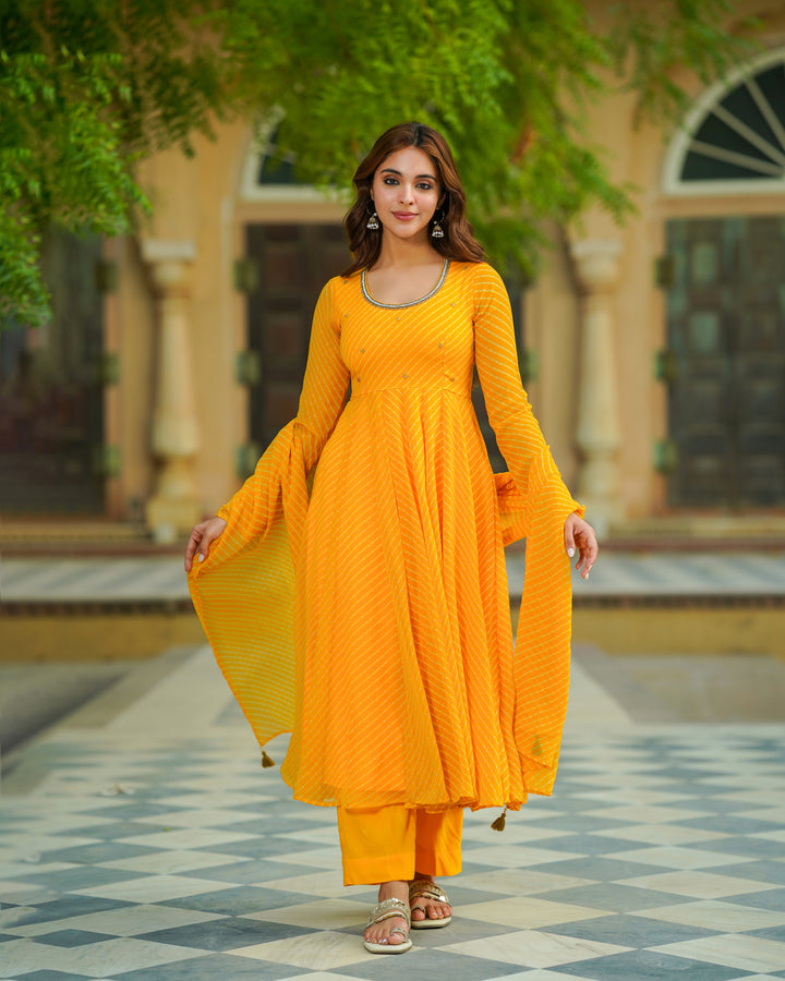 Yellow Leheriya Chiffon Suit Set