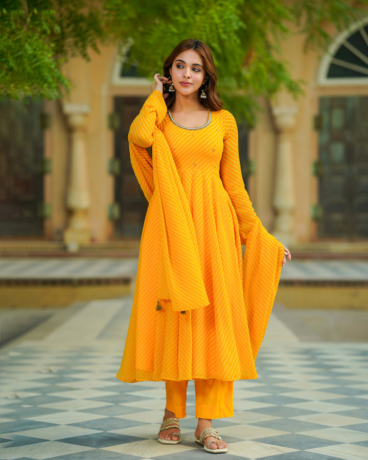 Yellow Leheriya Chiffon Suit Set