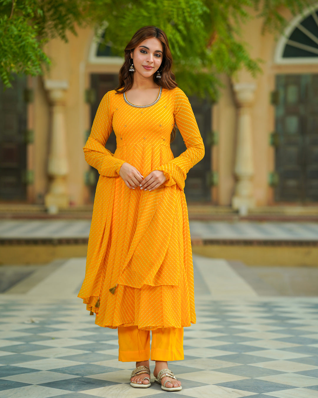 Yellow Leheriya Chiffon Suit Set