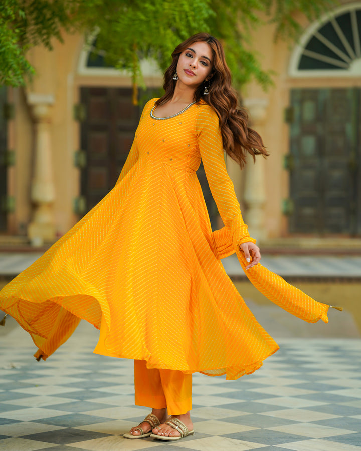 Yellow Leheriya Chiffon Suit Set