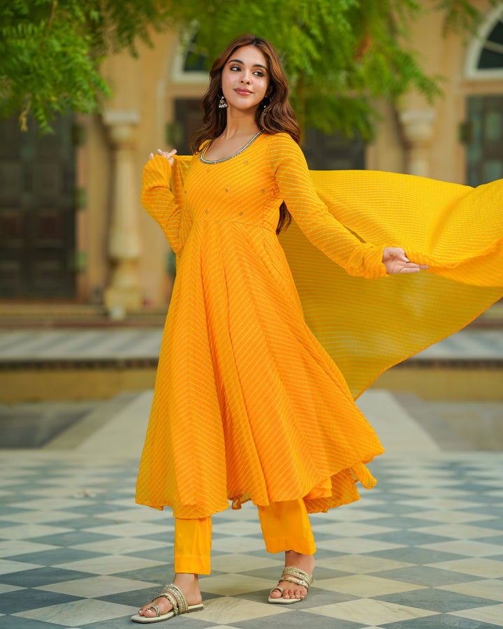 Yellow Leheriya Chiffon Suit Set