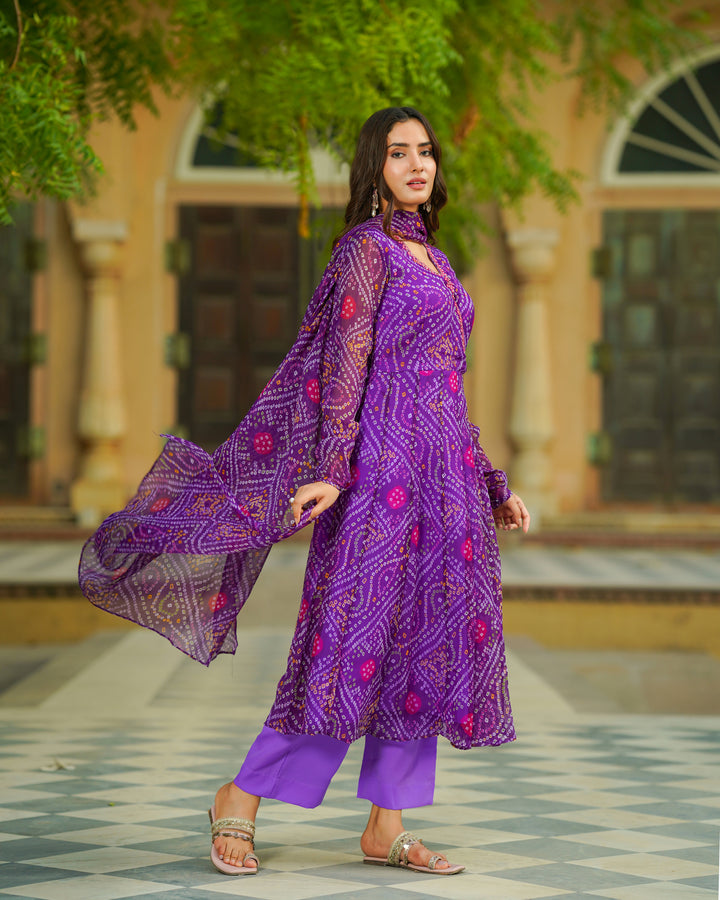 Purple Bandhej Chiffon Suit Set