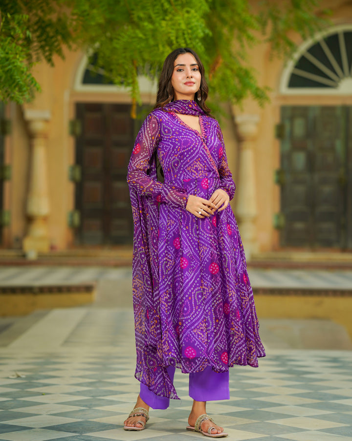 Purple Bandhej Chiffon Suit Set