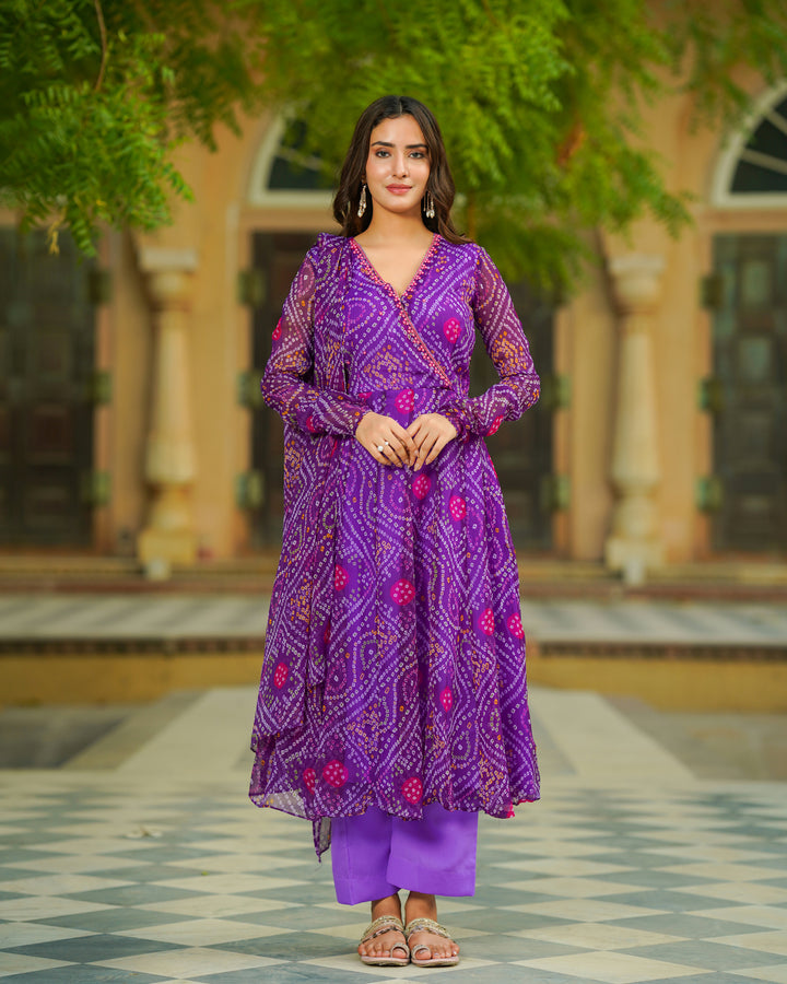 Purple Bandhej Chiffon Suit Set