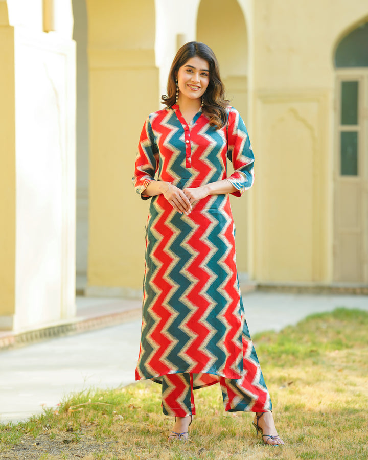 Red and Blue Zigzag Kurta Set