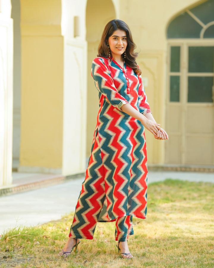 Red and Blue Zigzag Kurta Set