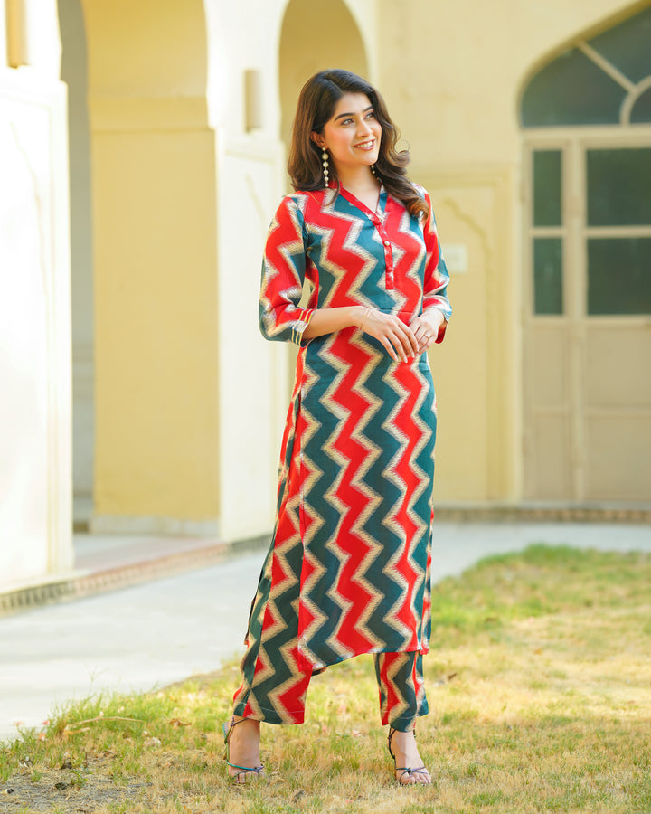 Red and Blue Zigzag Kurta Set