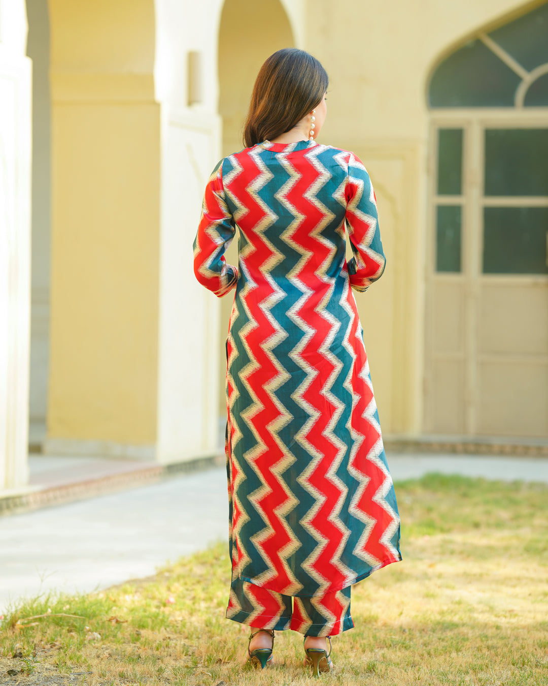 Red and Blue Zigzag Kurta Set