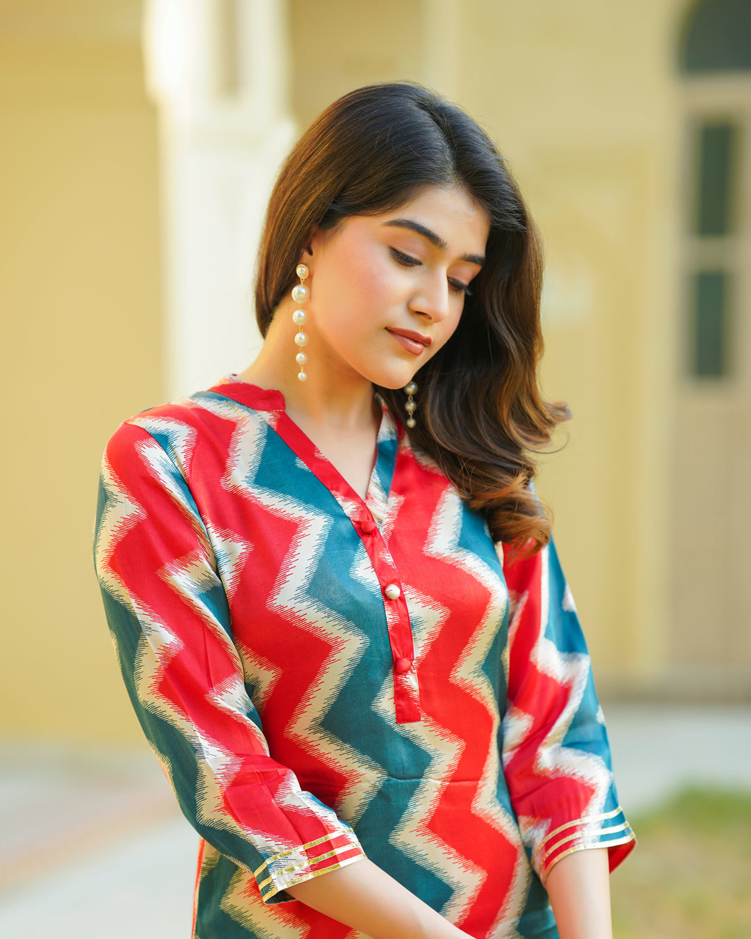 Red and Blue Zigzag Kurta Set