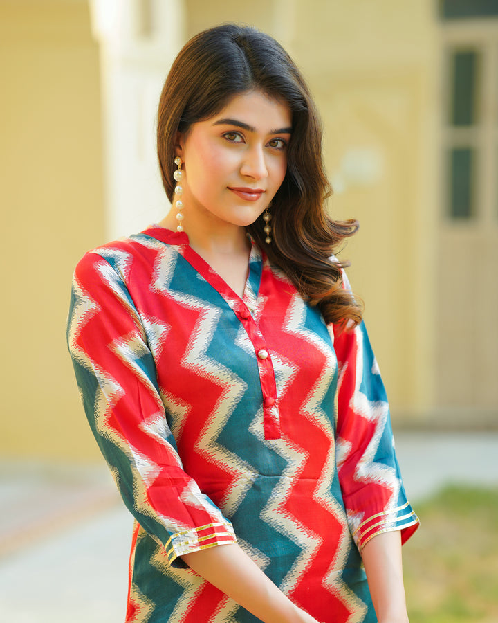 Red and Blue Zigzag Kurta Set