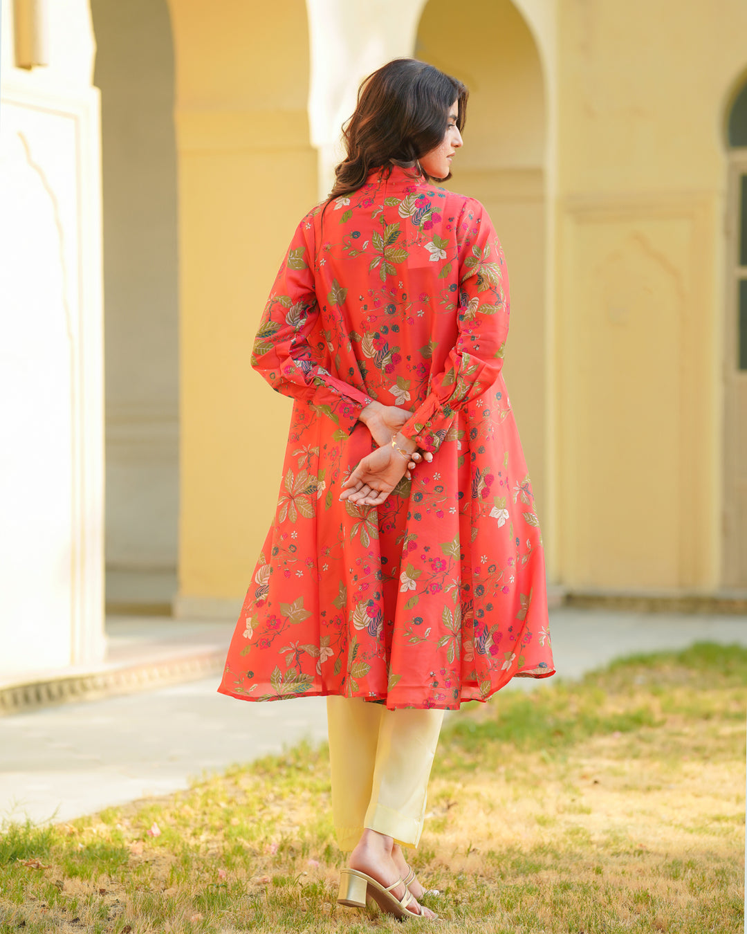 Coral Red Printed Kurta Set