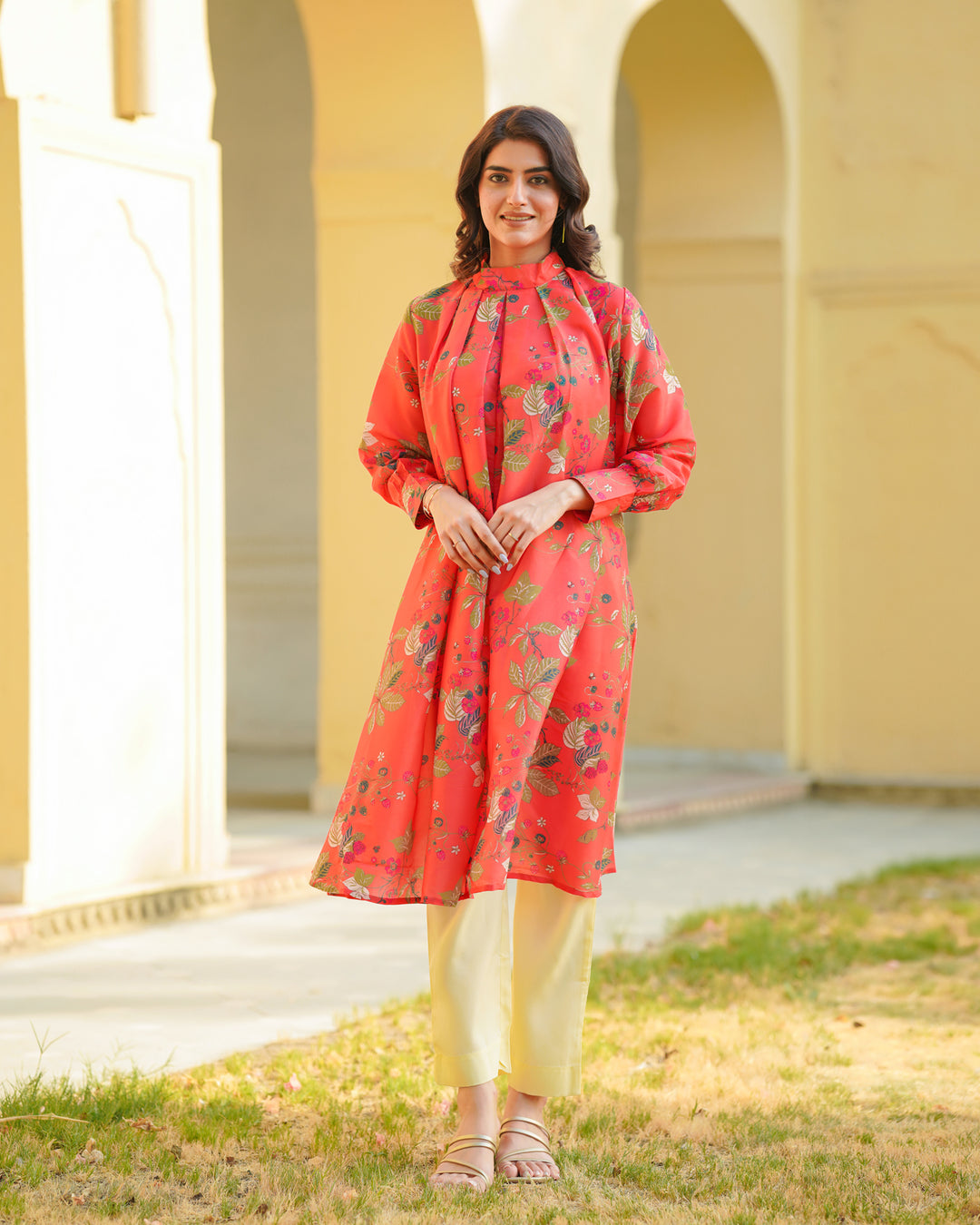 Coral Red Printed Kurta Set