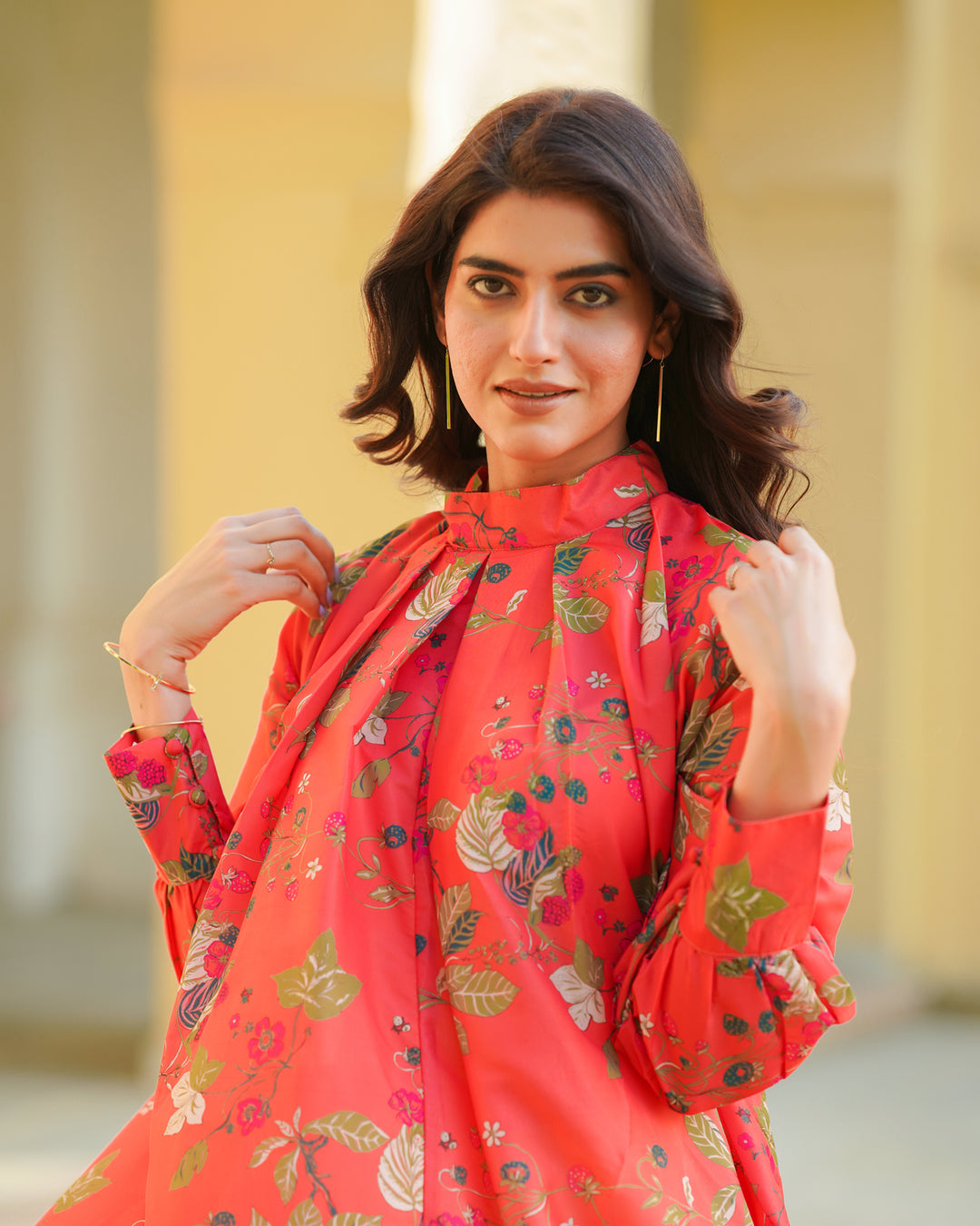 Coral Red Printed Kurta Set