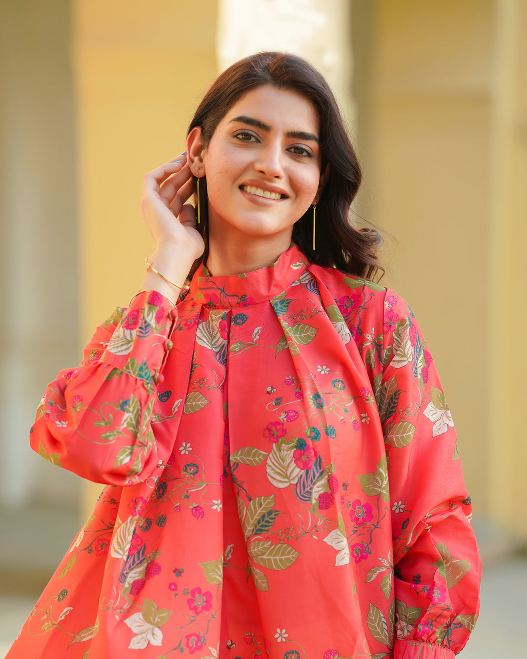 Coral Red Printed Kurta Set