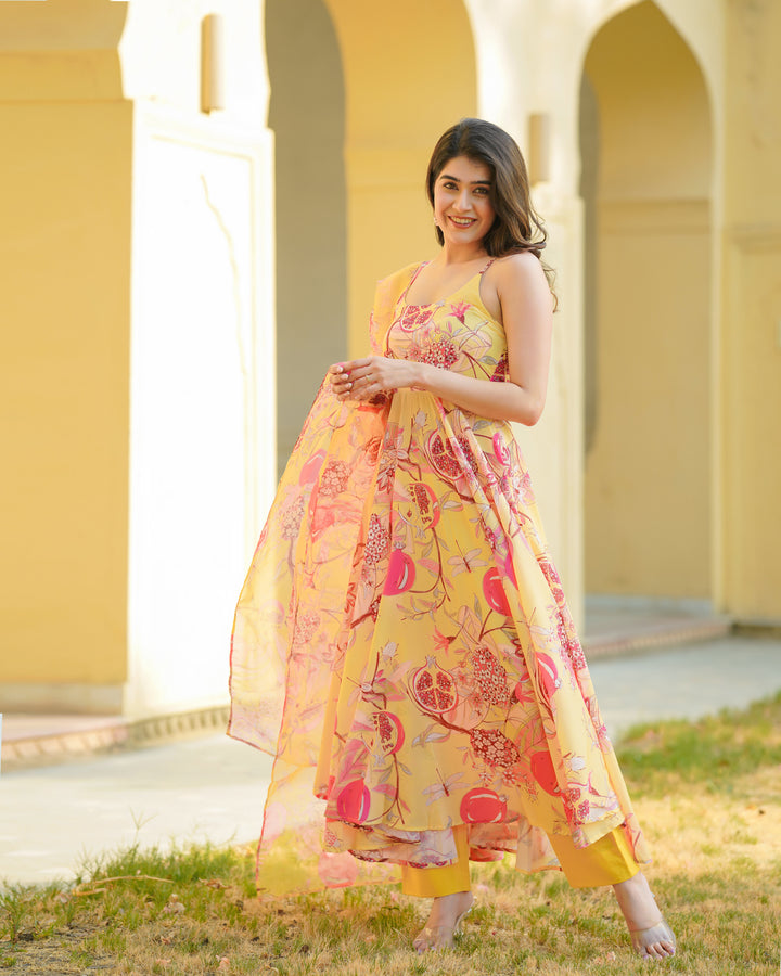 Yellow Floral Anarkali Suit Set