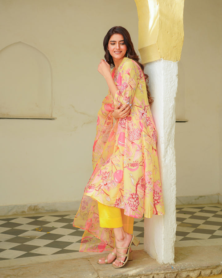 Yellow Flora Printed Suit Set