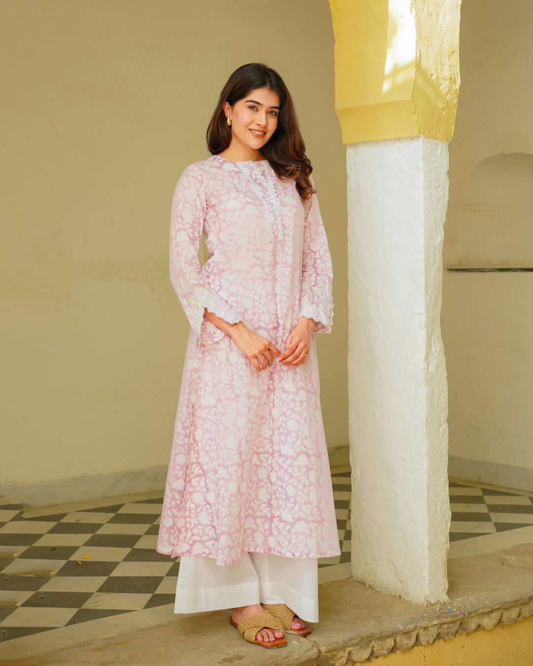 Pastel Pink Handblock Printed Kurta Set