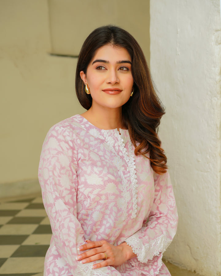 Pastel Pink Handblock Printed Kurta Set