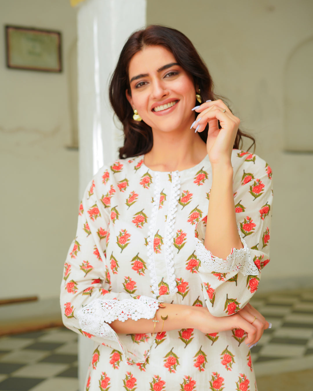 Red And White Handblock Kurta Set