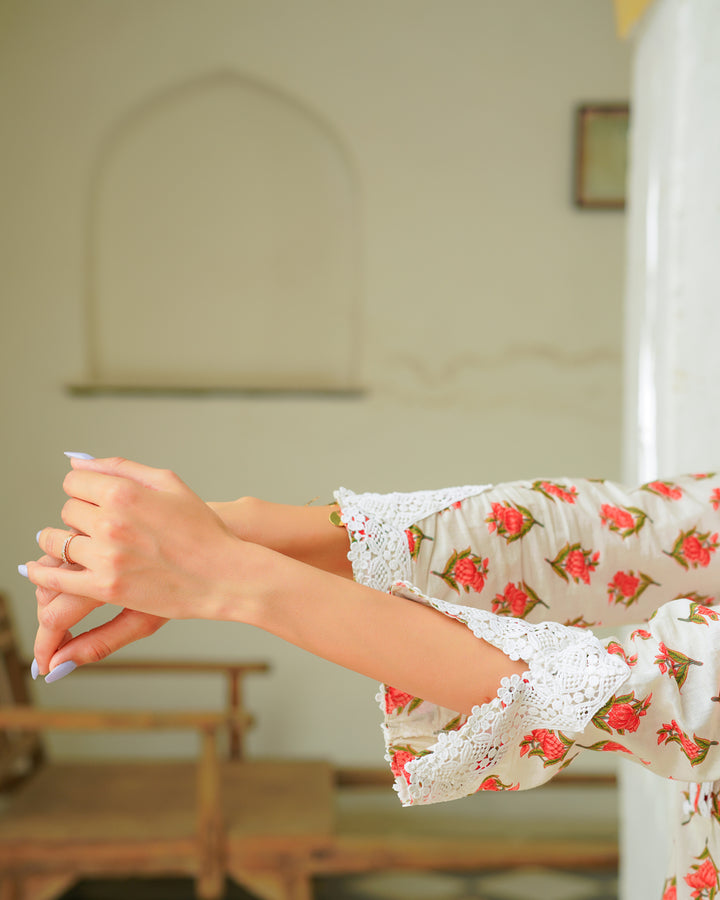 Red And White Handblock Kurta Set