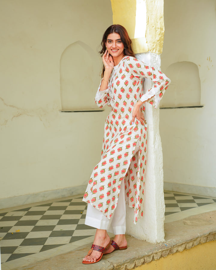 Red And White Handblock Kurta Set