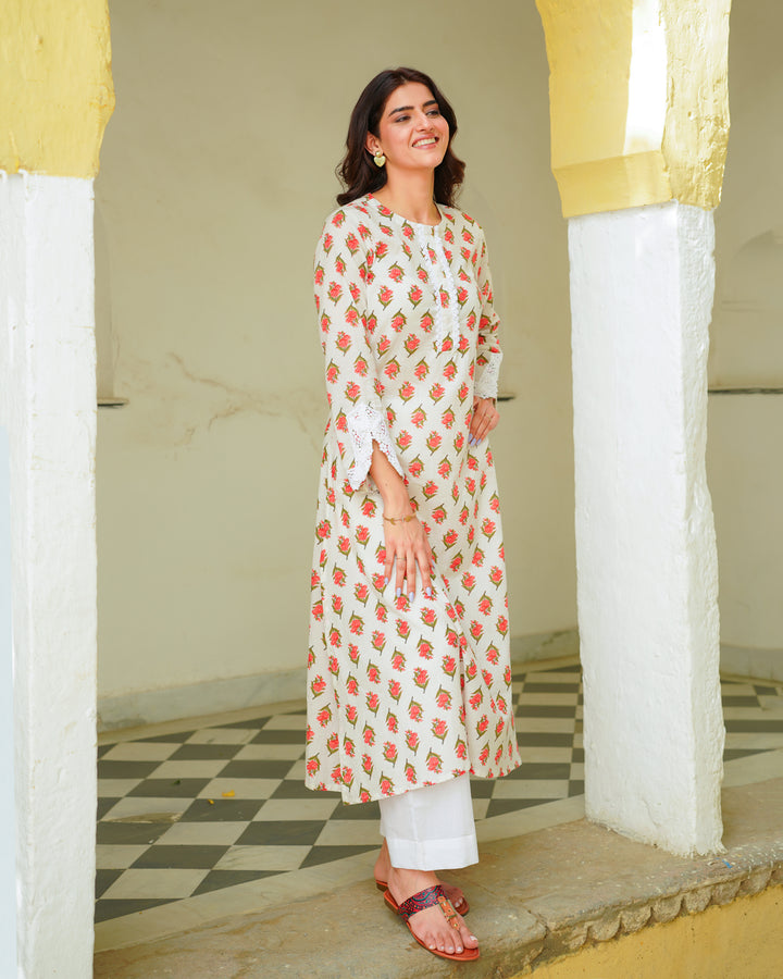 Red And White Handblock Kurta Set