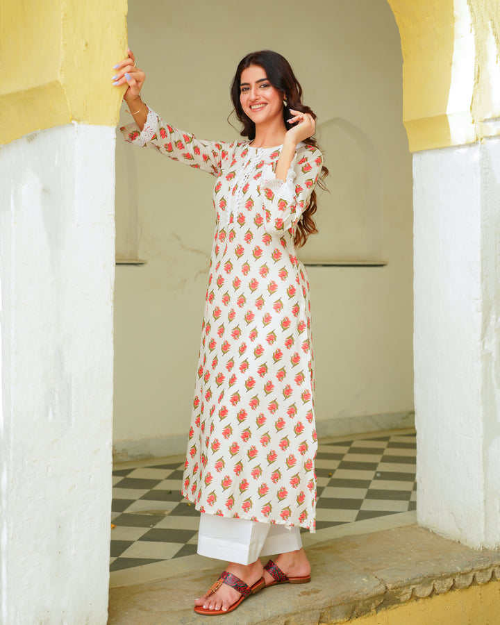 Red And White Handblock Kurta Set