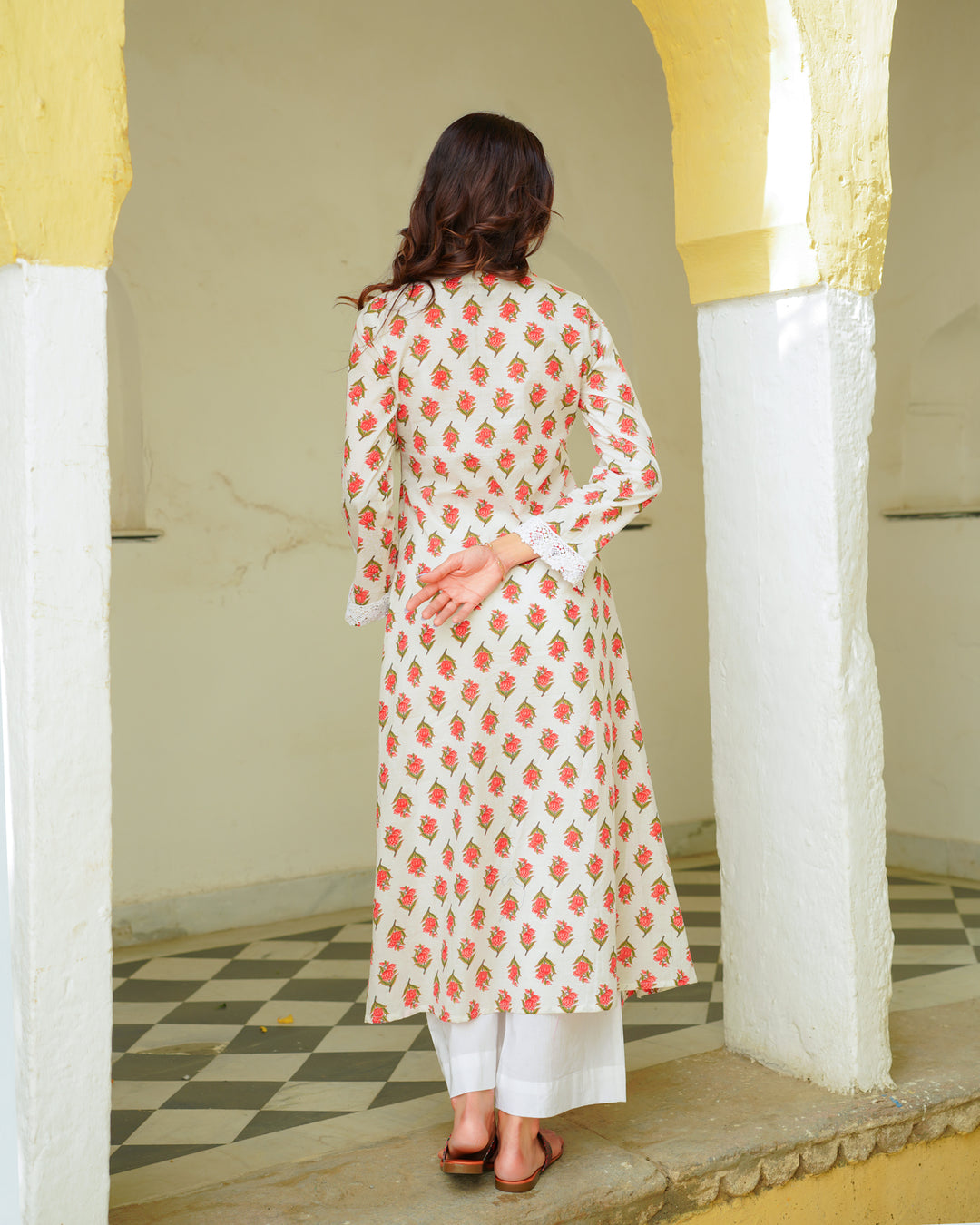 Red And White Handblock Kurta Set