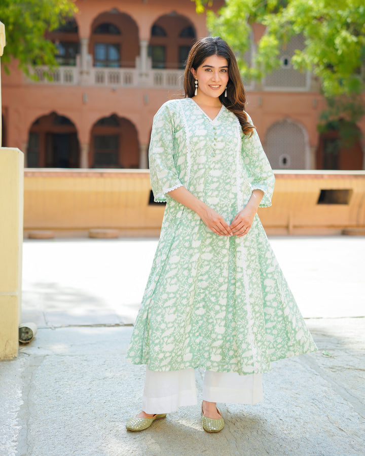 Turquoise Handblock Kurta Set