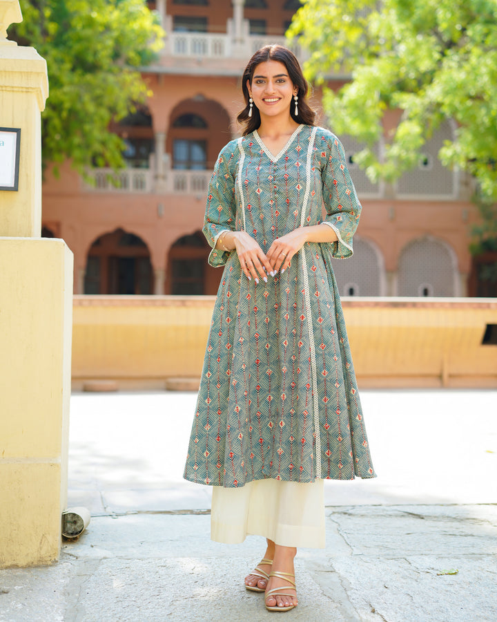 Sage Green Handblock Kurta Set