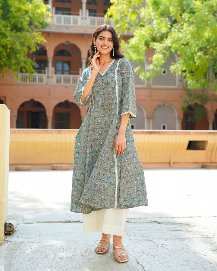 Sage Green Handblock Kurta Set