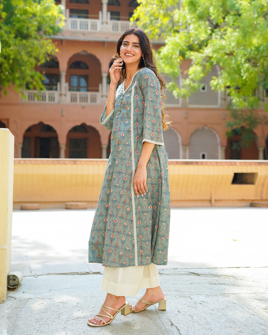 Sage Green Handblock Kurta Set