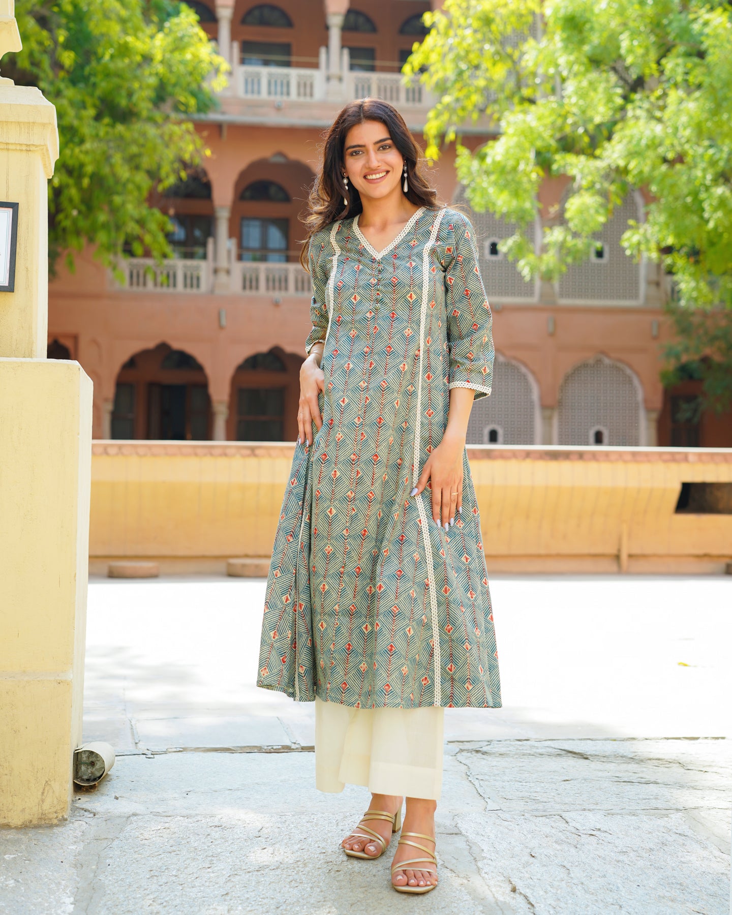 Sage Green Handblock Kurta Set