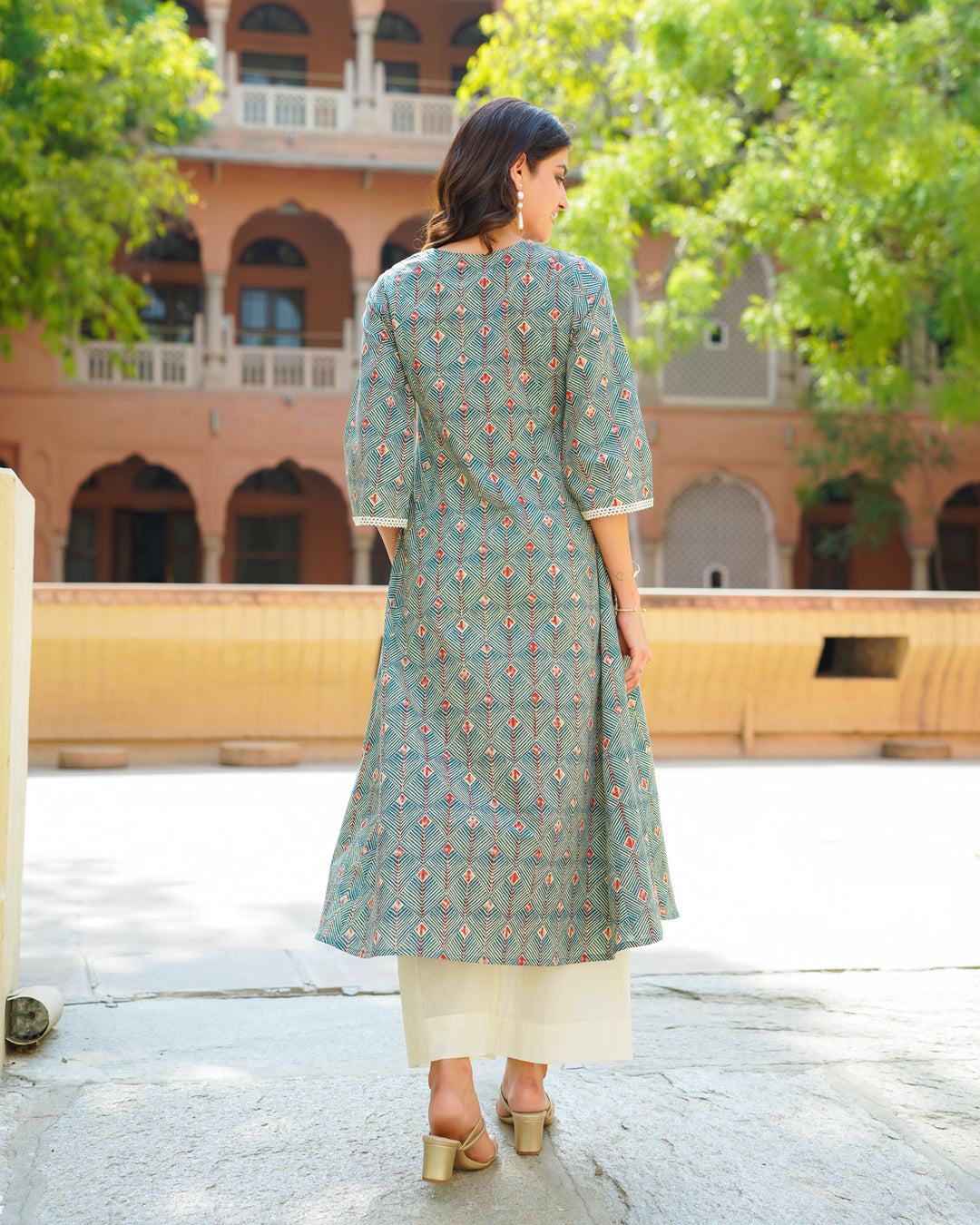 Sage Green Handblock Kurta Set