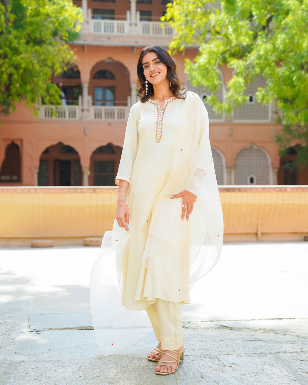 Off White Embroidered Suit Set