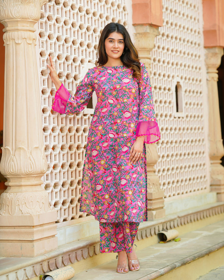 Pink & Green Block Print Kurta Set