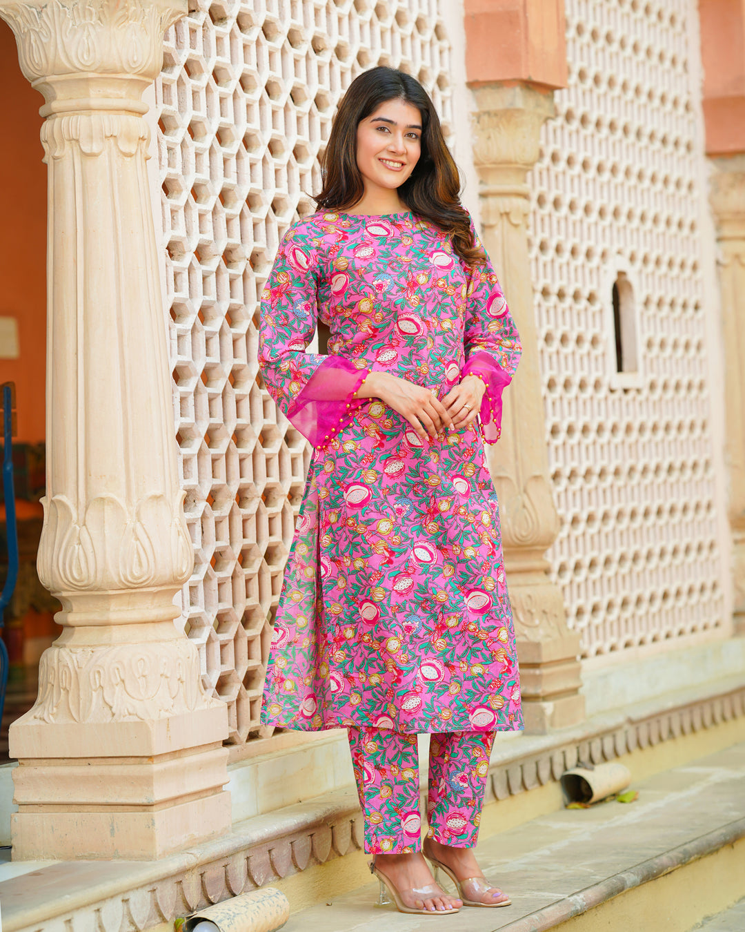 Pink & Green Block Print Kurta Set