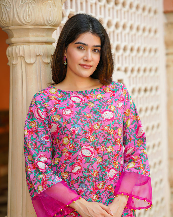 Pink & Green Block Print Kurta Set