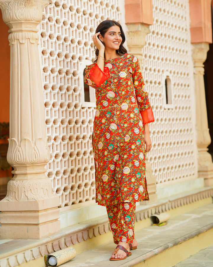 Red Tropical Block Printed Kurta Set