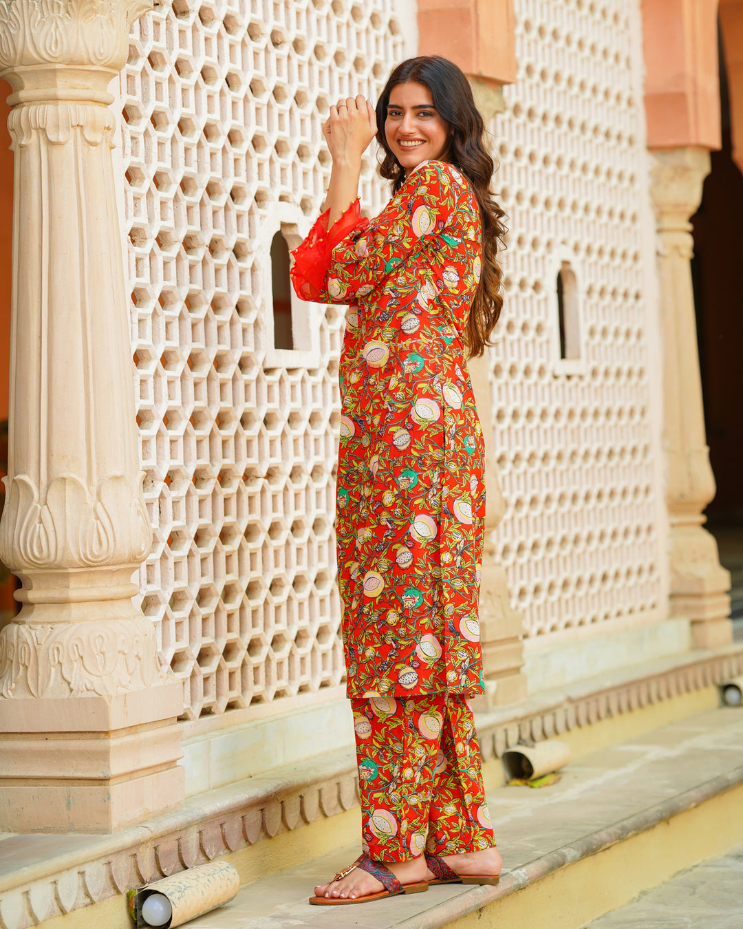 Red Tropical Block Printed Kurta Set