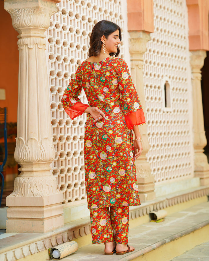 Red Tropical Block Printed Kurta Set