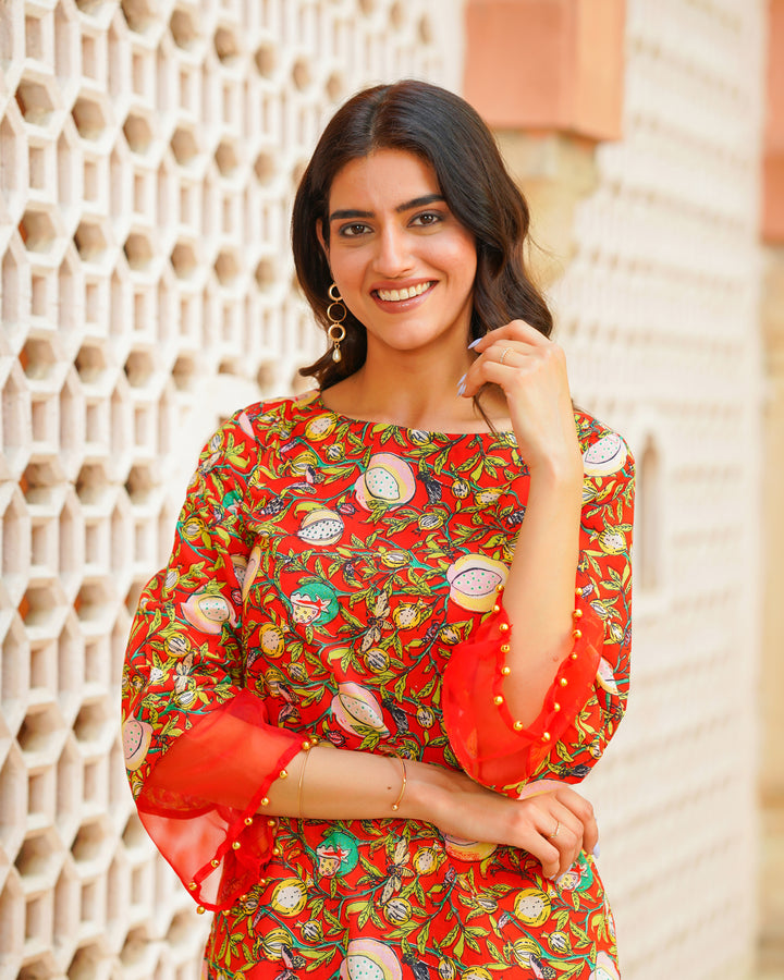 Red Tropical Block Printed Kurta Set