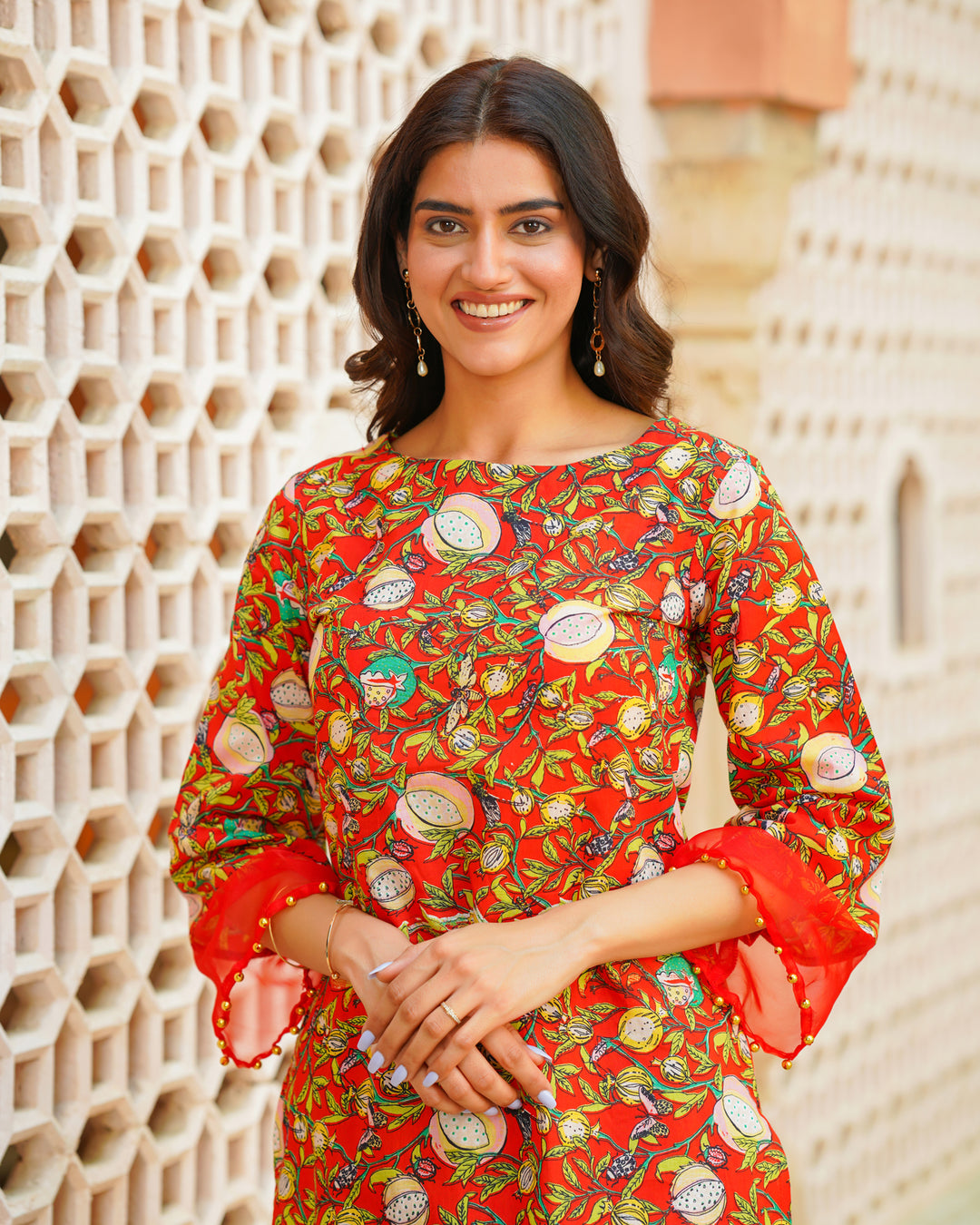 Red Tropical Block Printed Kurta Set