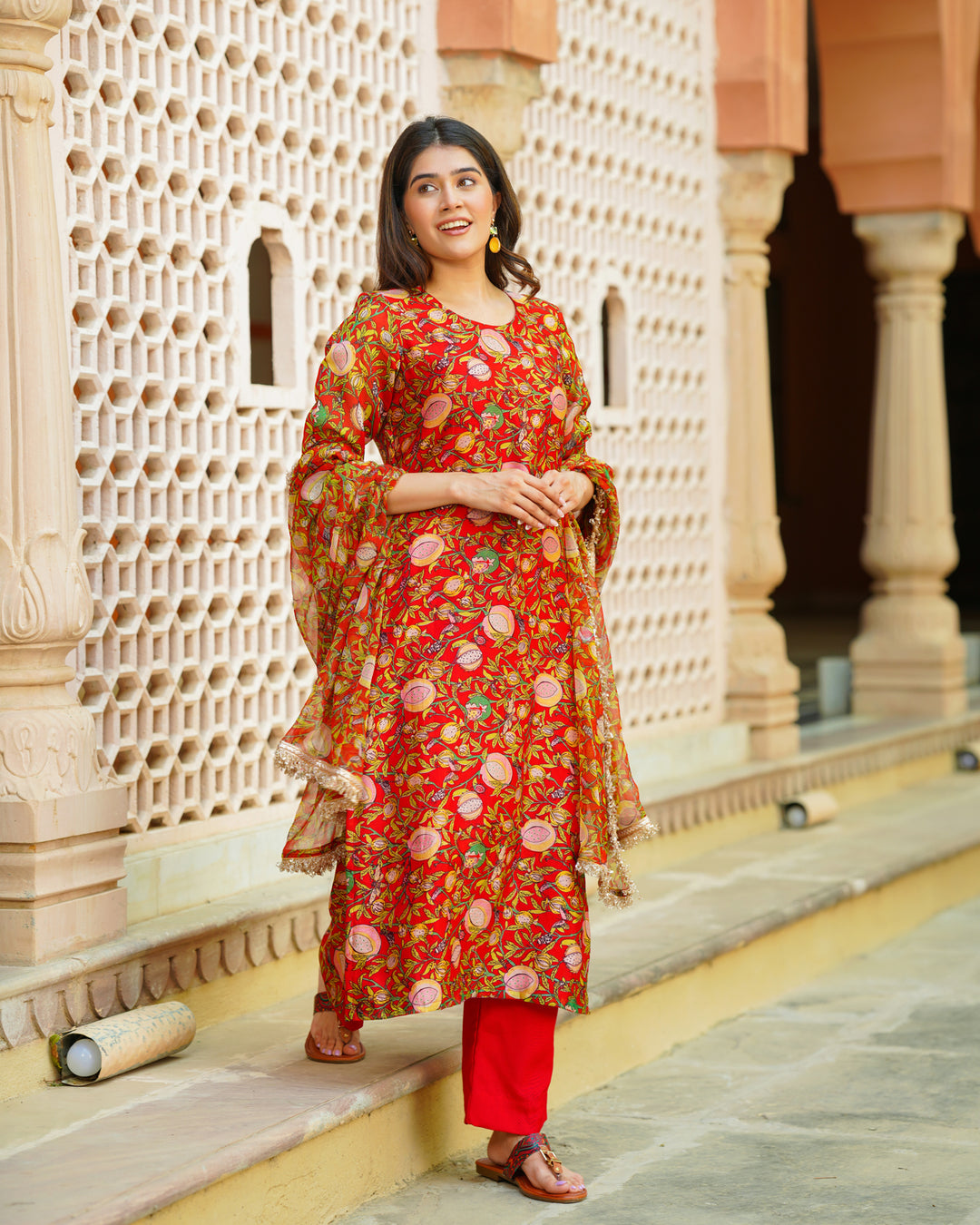 Red Floral Handblock Suit Set