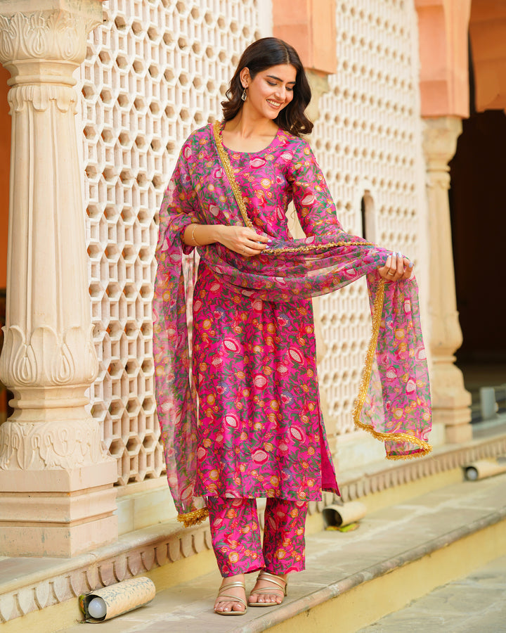 Pink Floral Handblock Suit set