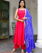 Pink Kurta With Blue Bandhani