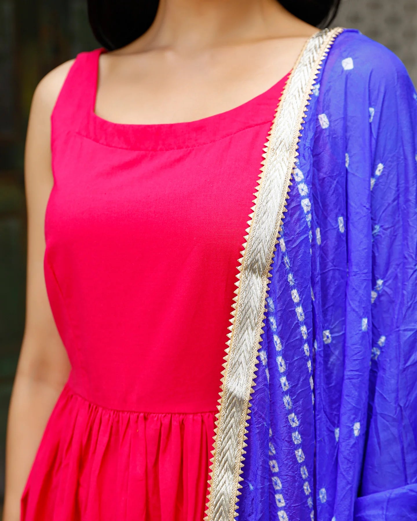Pink Kurta With Blue Bandhani