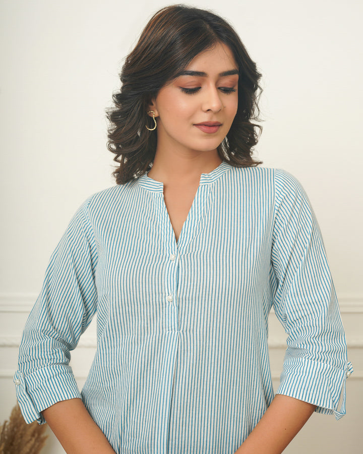 Sky Blue Stripes Short Kurta