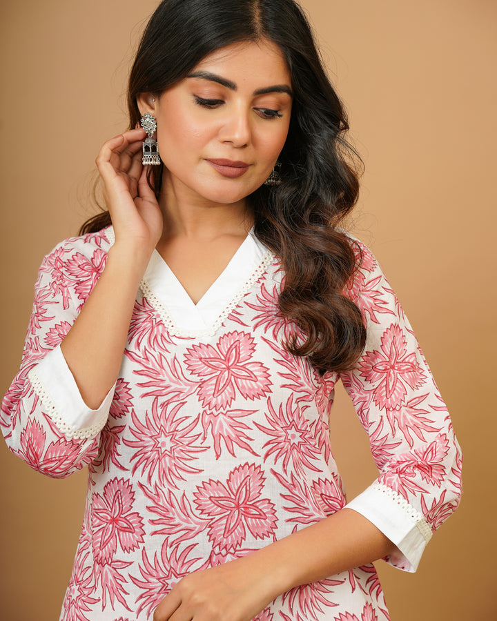 Pink Vneck Straight Kurti